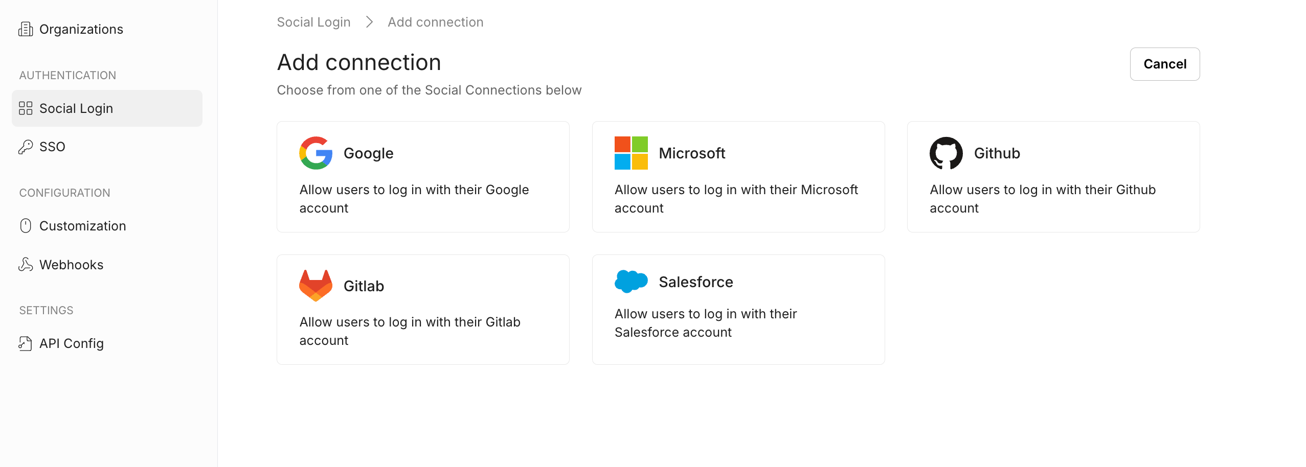 Add social login connections: Google, Microsoft, GitHub, GitLab, Salesforce.
