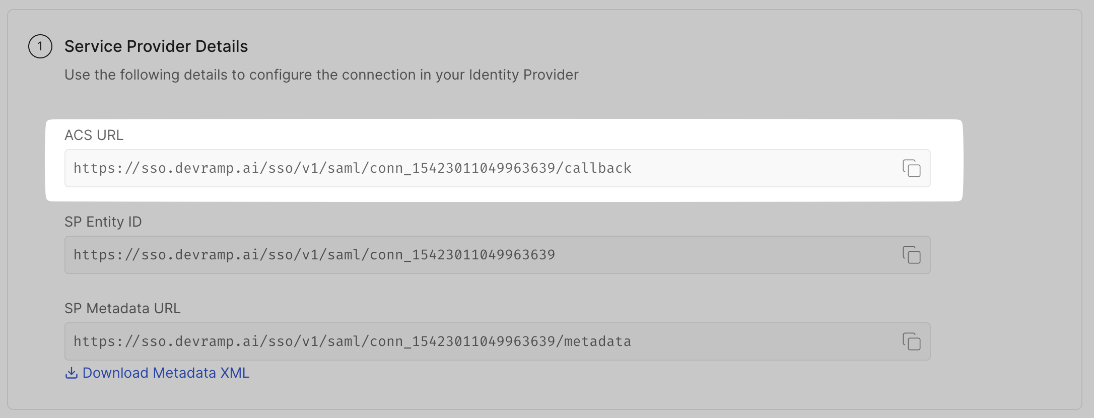 Copy ACS URL from SSO Configuration Portal
