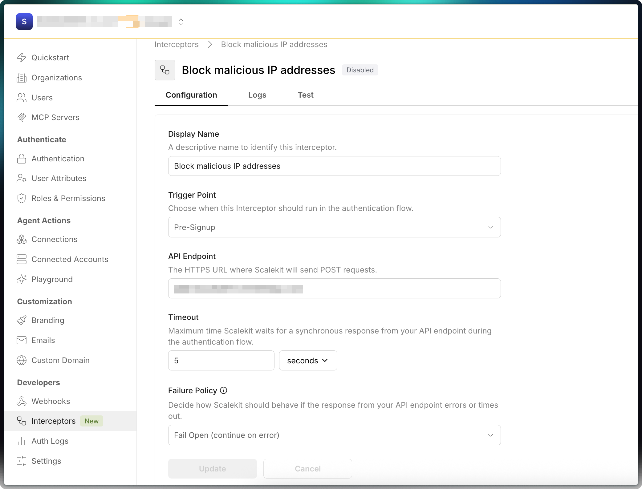 Interceptors settings in the Scalekit dashboard